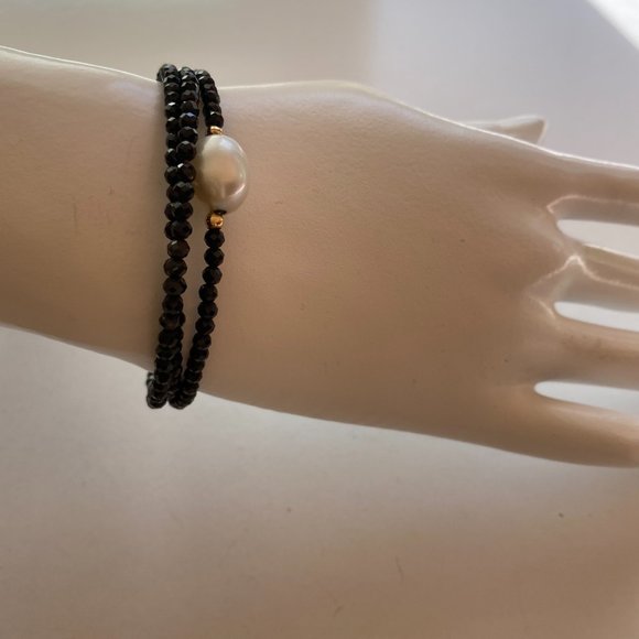 SOLD SOLD SOLD 14kt GOLD BLACK SPINEL FRESH WATER PEARL TRIPLE ROW BRACELET - Picture 1 of 3